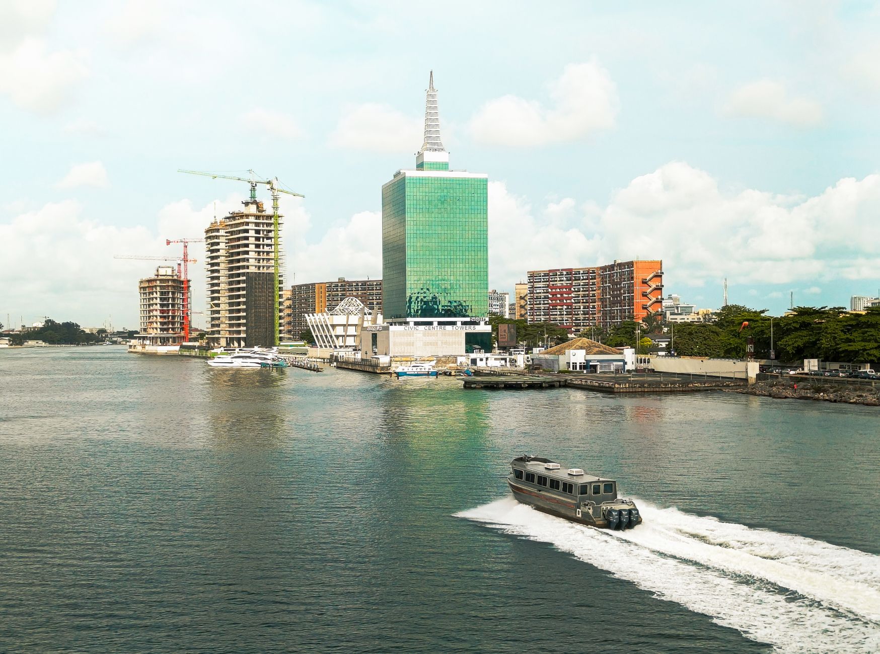 Skyline of Lagos, Nigeria with modern buildings on the waterfront.
