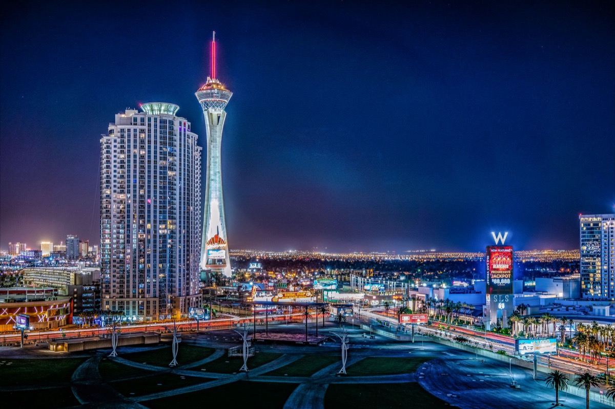 The illuminated Las Vegas skyline at night, showcasing the city's vibrant nightlife.