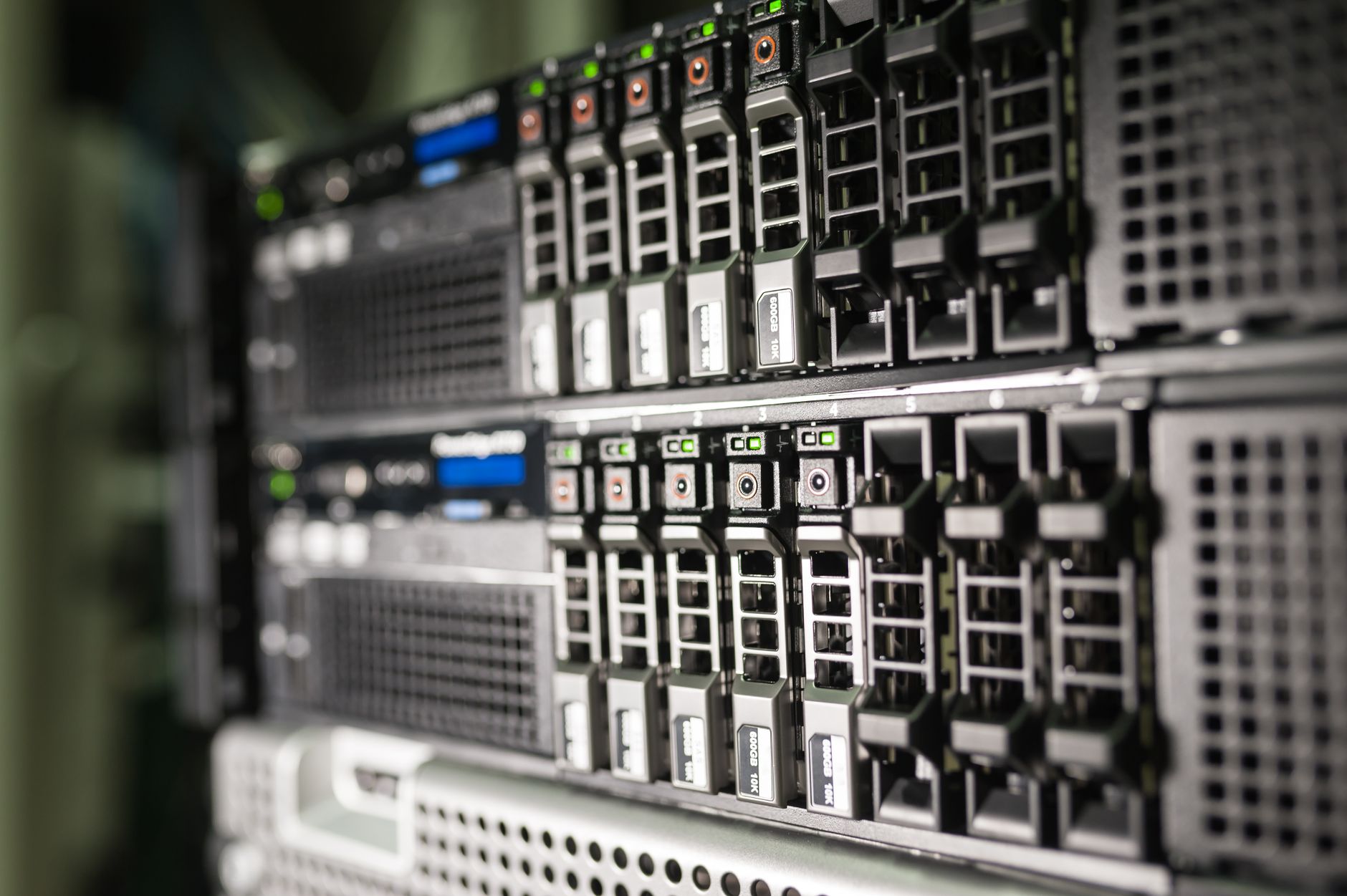 Close-up of server equipment in a modern data center.