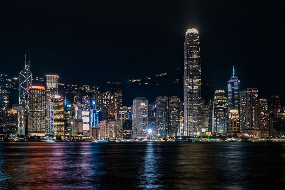A night view of Hong Kong's skyline reflecting over Victoria Harbour.
