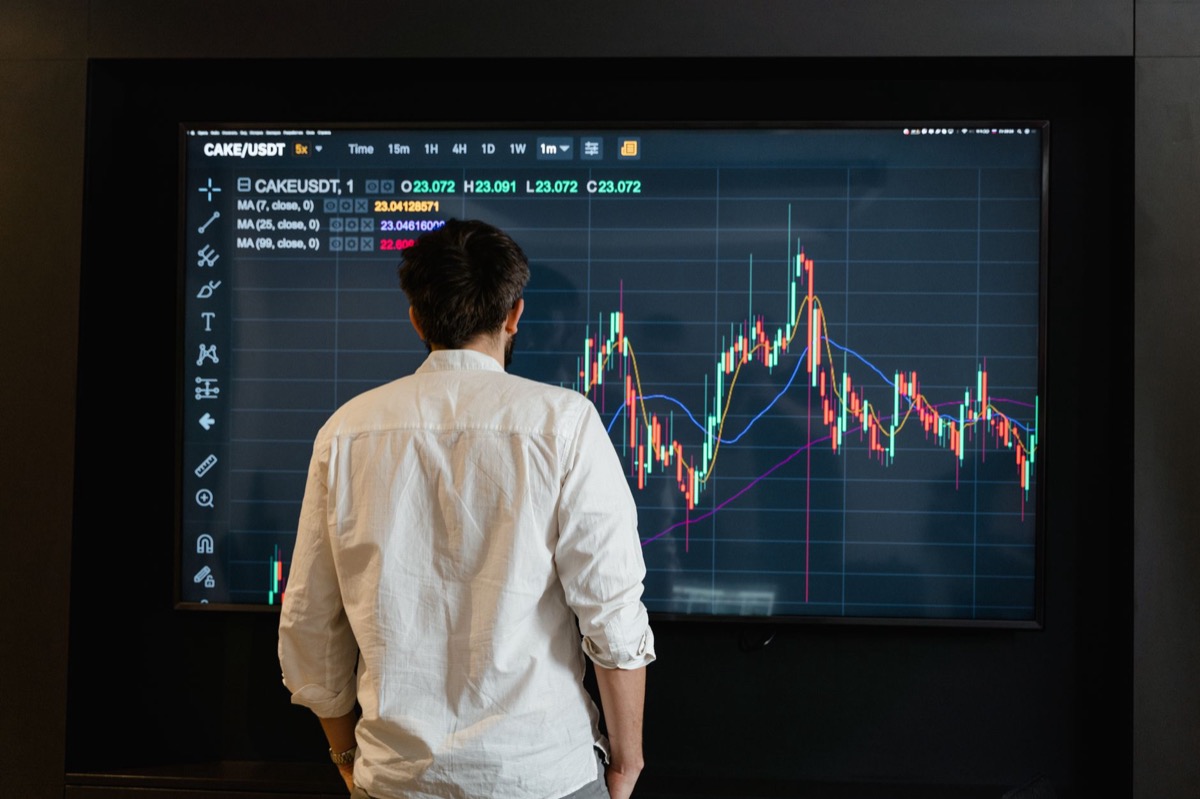 Back view of a person analyzing trading data on a monitor indoors.