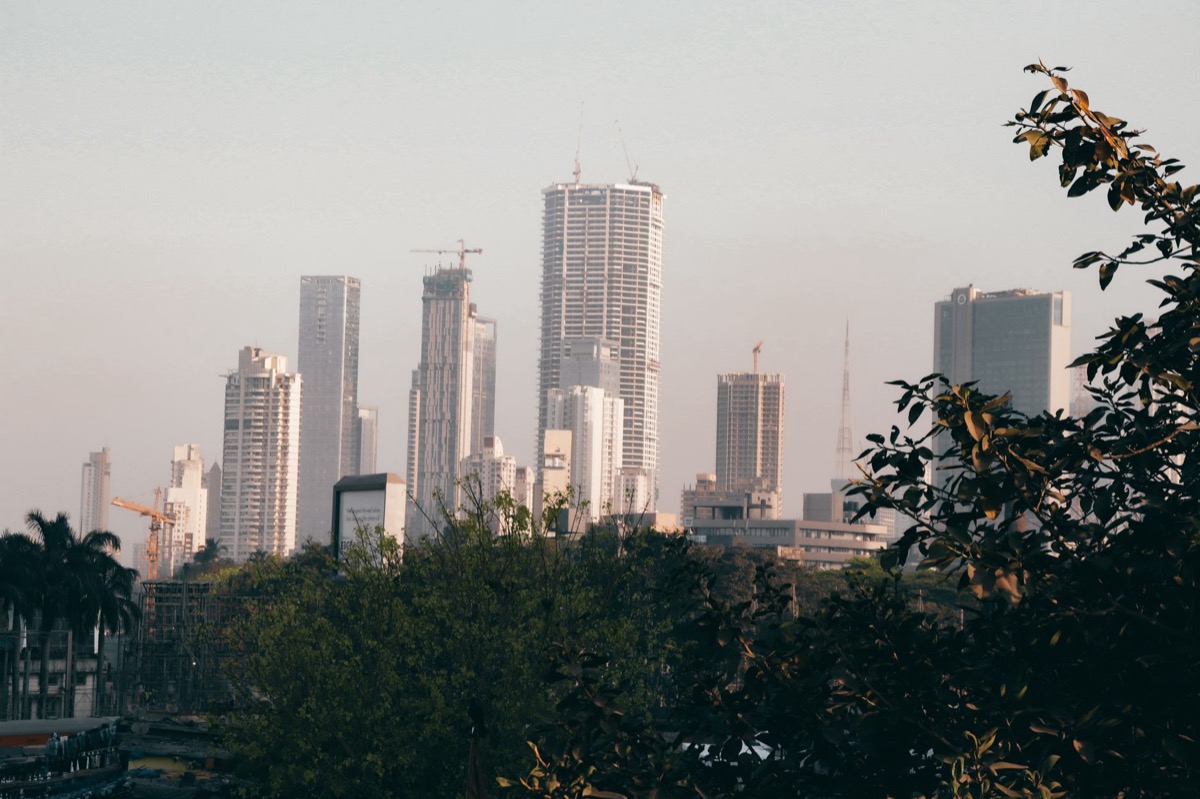 A city skyline with skyscrapers and trees during the day.